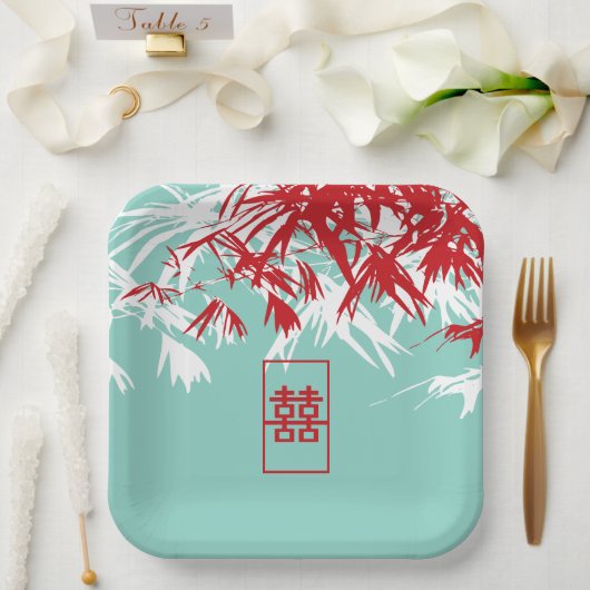 Assiettes En Carton Mariage chinois Turquoise Bambou Feuille Double Xi (Mariage)