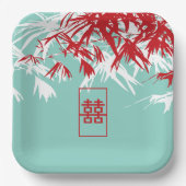 Assiettes En Carton Mariage chinois Turquoise Bambou Feuille Double Xi (Recto)