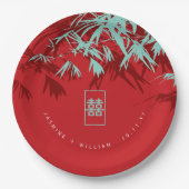 Assiettes En Carton Mariage chinois Turquoise Bambou Feuille Double Xi (Devant)