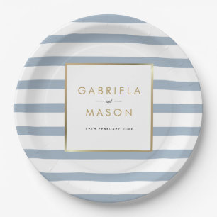 Assiettes En Carton Mariage Classique Dusty Blue Rayure Faux Or Feuill