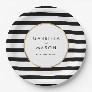 Assiettes En Carton Mariage Classique Noir et Blanc Rayure Or