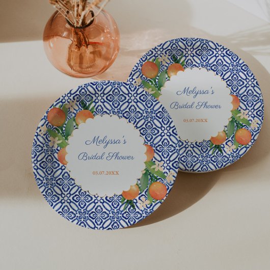 Assiettes En Carton Mariage Classique Oranges Bleu Blanc Positano Douc