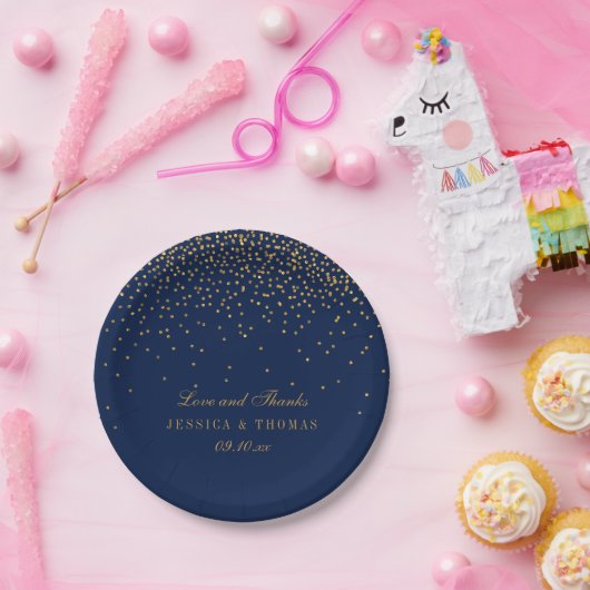 Assiettes En Carton Mariage Confetti en or bleu marine et glam (Fête)