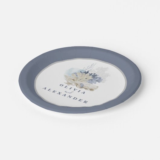 Assiettes En Carton Mariage coquillage bleu de plage côtière (Angle)