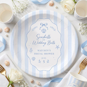 Assiettes En Carton Mariage Coquillages Fleurs Ruban Rayé Bleu