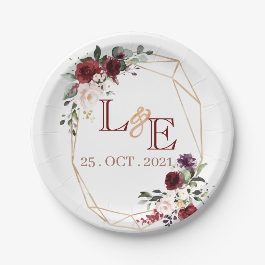 Assiettes En Carton Mariage couple monogramme floral (Devant)