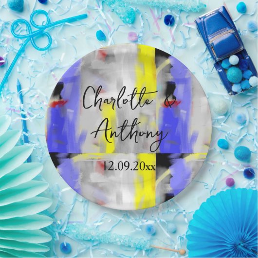 Assiettes En Carton Mariage Créatif Art Abstrait Bleu Jaune Blanc (Fête)