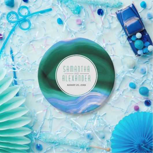 Assiettes En Carton Mariage d'agate vert et bleu (Fête)