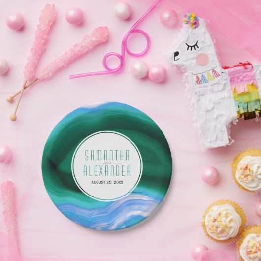 Assiettes En Carton Mariage d'agate vert et bleu (Fête)