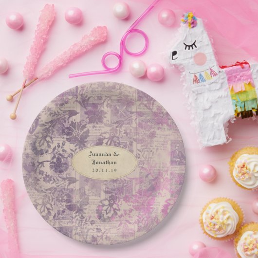 Assiettes En Carton Mariage damassé à l'éphémère lavande (Fête)