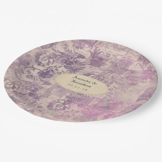 Assiettes En Carton Mariage damassé à l'éphémère lavande (Angle)