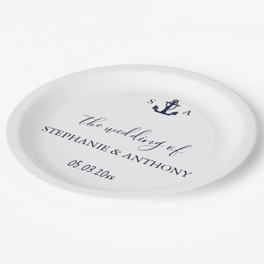 Assiettes En Carton Mariage d'Ancre bleu marine Monogram (Angle)