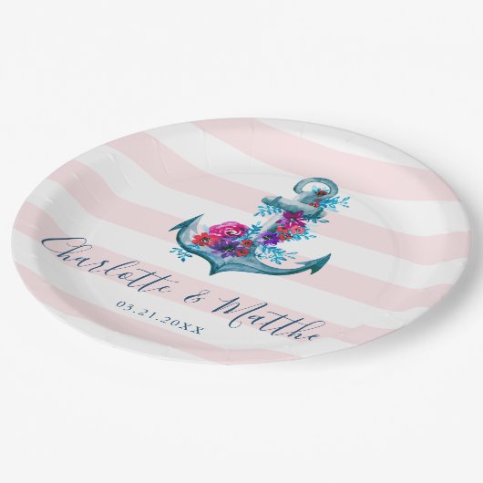 Assiettes En Carton Mariage d'Ancre d'aquarelle rose marine (Angle)