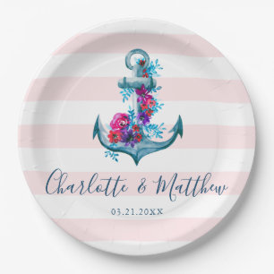 Assiettes En Carton Mariage d'Ancre d'aquarelle rose marine