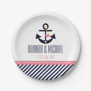 Assiettes En Carton Mariage d'Ancre nautique rose et marine