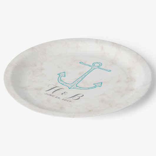 Assiettes En Carton Mariage d'Ancre turquoise Rustique (Angle)
