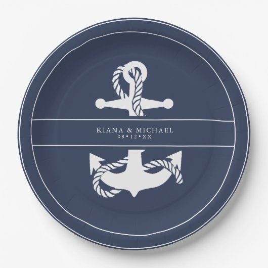 Assiettes En Carton Mariage d'Ancre Vague bleue V2 Wht/Navy ID836 (Devant)