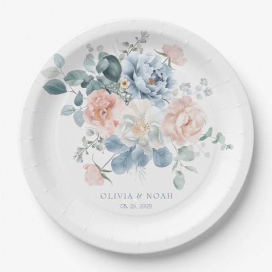 Assiettes En Carton Mariage dans le jardin floral bleu et rose pâle (Devant)