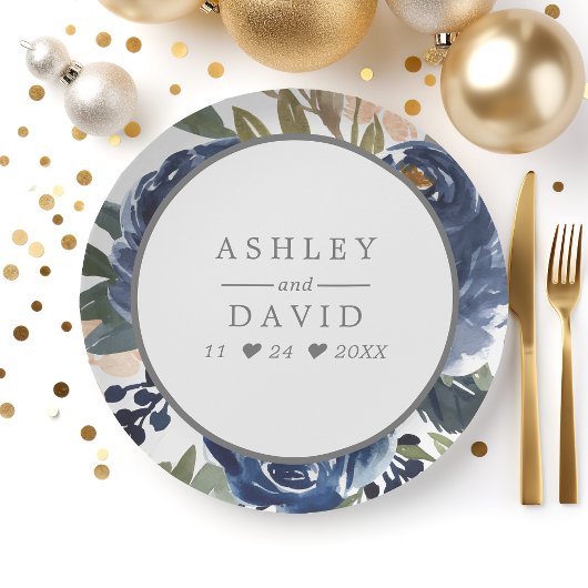 Assiettes En Carton Mariage d'aquarelle bleu marine