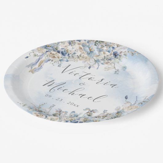 Assiettes En Carton Mariage d'aquarelle couleur bleu-dusty Rose (Angle)