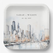 Assiettes En Carton Mariage d'aquarelle de Chicago, Illinois City Scap (Recto)