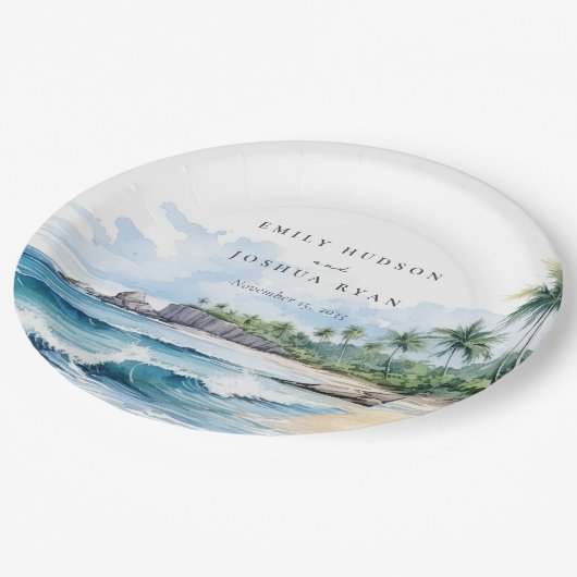 Assiettes En Carton Mariage d'aquarelle de plage Tropical (Angle)
