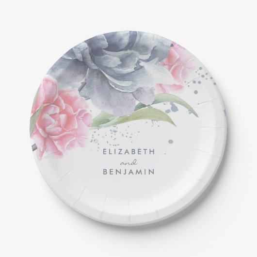 Assiettes En Carton Mariage d'aquarelle rose et bleu-duvet (Devant)