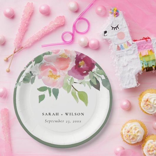 Assiettes En Carton Mariage d'aquarelle Rose rose-bleu (Fête)