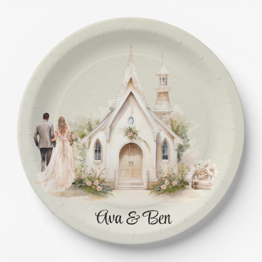 Assiettes En Carton Mariage d'aquarelle White Church (Devant)