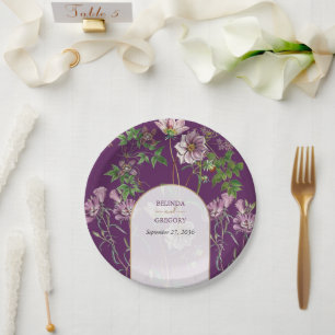 Assiettes En Carton Mariage d'arc doré fleuri violet