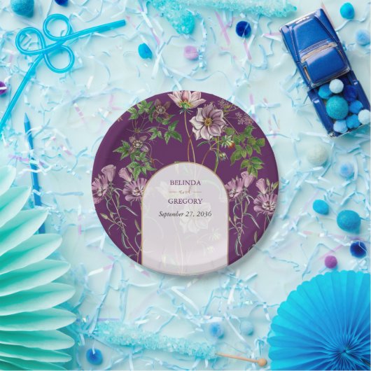 Assiettes En Carton Mariage d'arc doré fleuri violet (Fête)