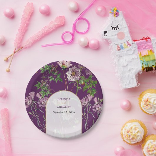 Assiettes En Carton Mariage d'arc doré fleuri violet (Fête)