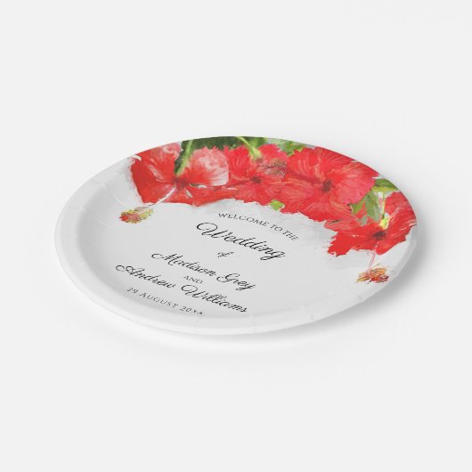 Assiettes En Carton Mariage d'art Exotique Rouge Hibiscus (Angle)