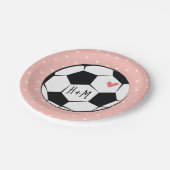 Assiettes En Carton Mariage de balle de soccer rose monogramme (Angle)