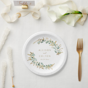 Assiettes En Carton Mariage de boho d'or de l'eucalyptus rustique