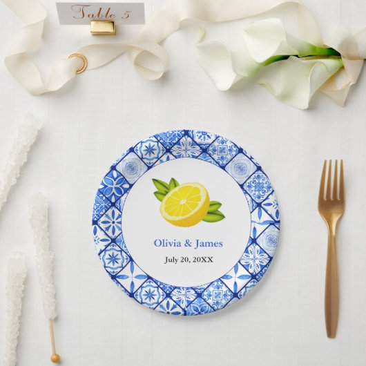 Assiettes En Carton Mariage de citron bleu méditerranéen italien (Mariage)