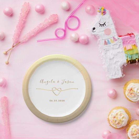 Assiettes En Carton Mariage de coeur de Monogramme blanc et or (Fête)