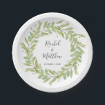 Assiettes En Carton Mariage de couronne de feuillage vert<br><div class="desc">Elégante aquarelle verdure feuillage wreath encadre vos noms et date mariage dans du lettrage gris ardoise chic. CORRESPONDRE des articles dans notre magasin.</div>