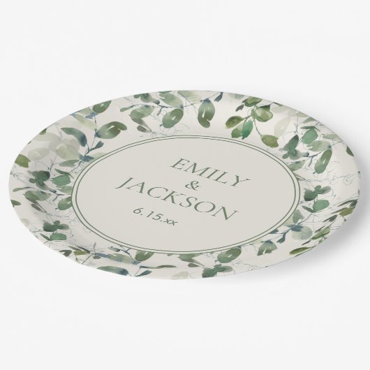 Assiettes En Carton Mariage de crème Feuille Sage Green Eucalyptus (Angle)