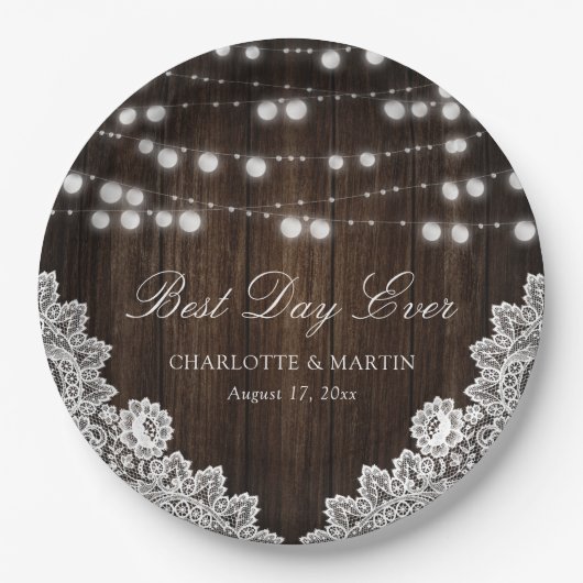 Assiettes En Carton Mariage de dentelle de bois rustique (Devant)