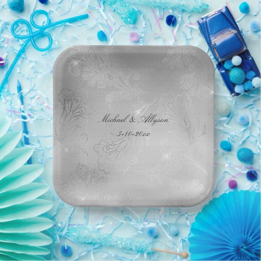 Assiettes En Carton Mariage de dentelle fleurie argentée (Fête)