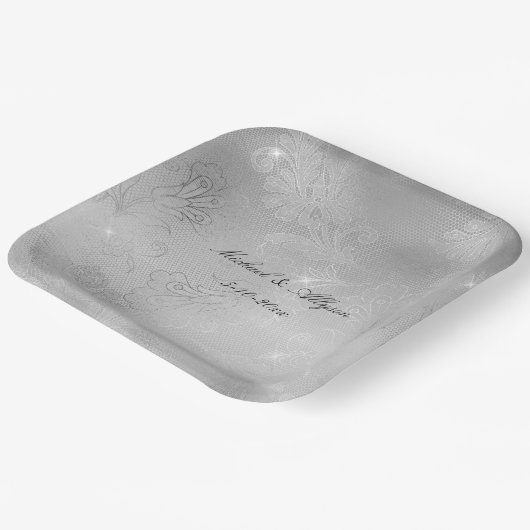 Assiettes En Carton Mariage de dentelle fleurie argentée (Angulaire)