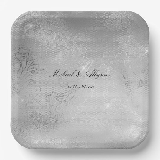 Assiettes En Carton Mariage de dentelle fleurie argentée (Recto)