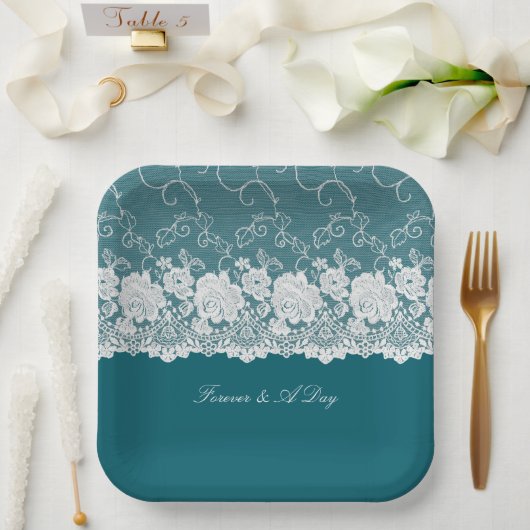 Assiettes En Carton Mariage de dentelle turquoise bleu blanc (Mariage)
