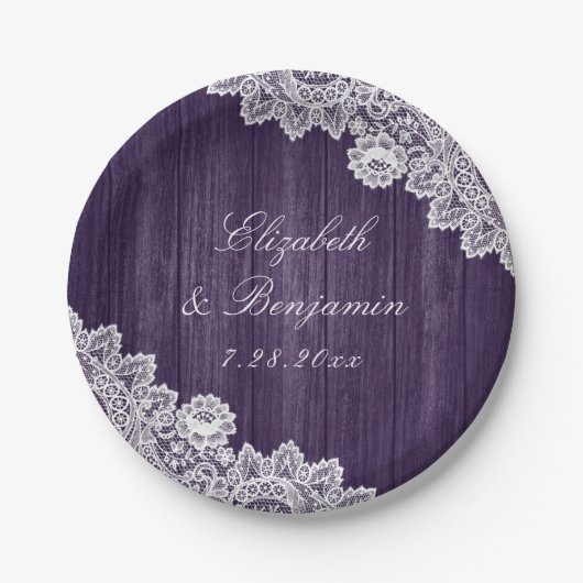 Assiettes En Carton Mariage de dentelle violet rustique (Devant)