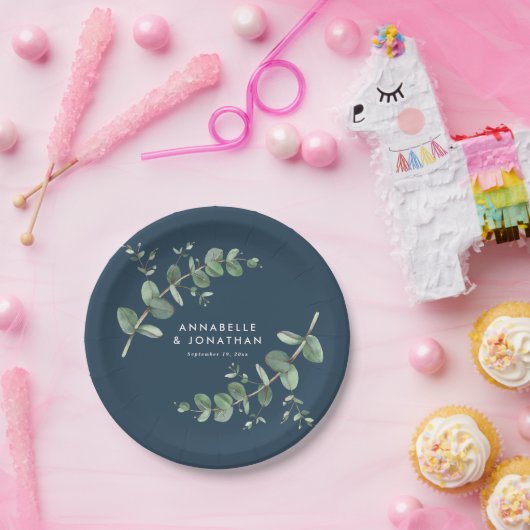 Assiettes En Carton Mariage de feuillage bleu élégant moderne eucalypt (Fête)