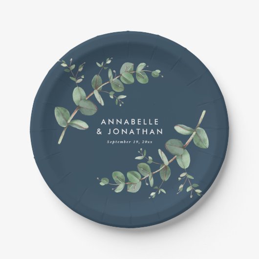 Assiettes En Carton Mariage de feuillage bleu élégant moderne eucalypt (Devant)