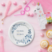 Assiettes En Carton Mariage de feuillage floral bleu or blanc (Fête)