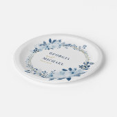 Assiettes En Carton Mariage de feuillage floral bleu or blanc (Angle)
