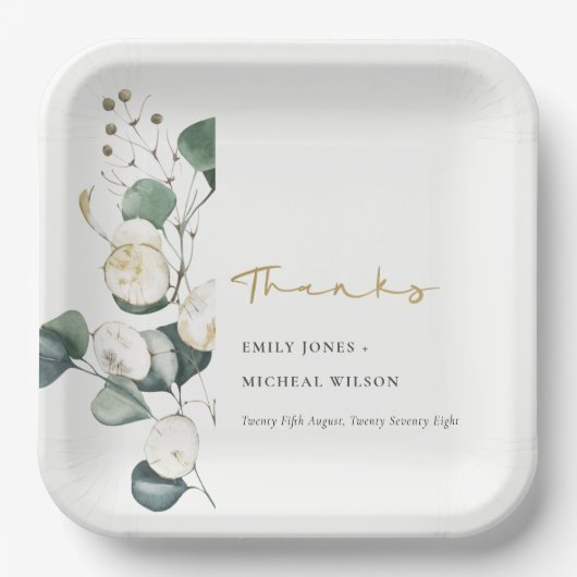 Assiettes En Carton Mariage de feuillage vert rustique Eucalyptus (Recto)